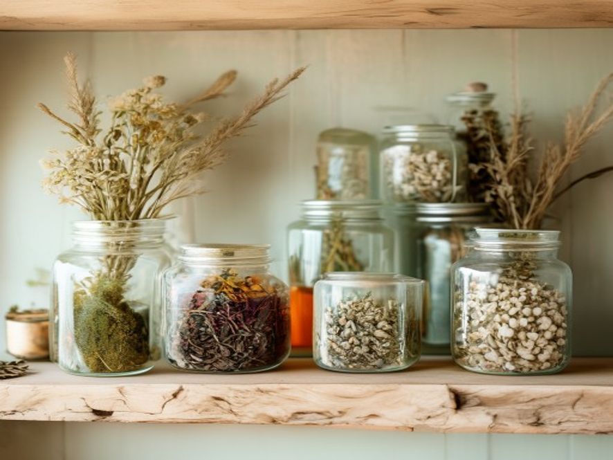 Organiserte urter og blomster i glasskar