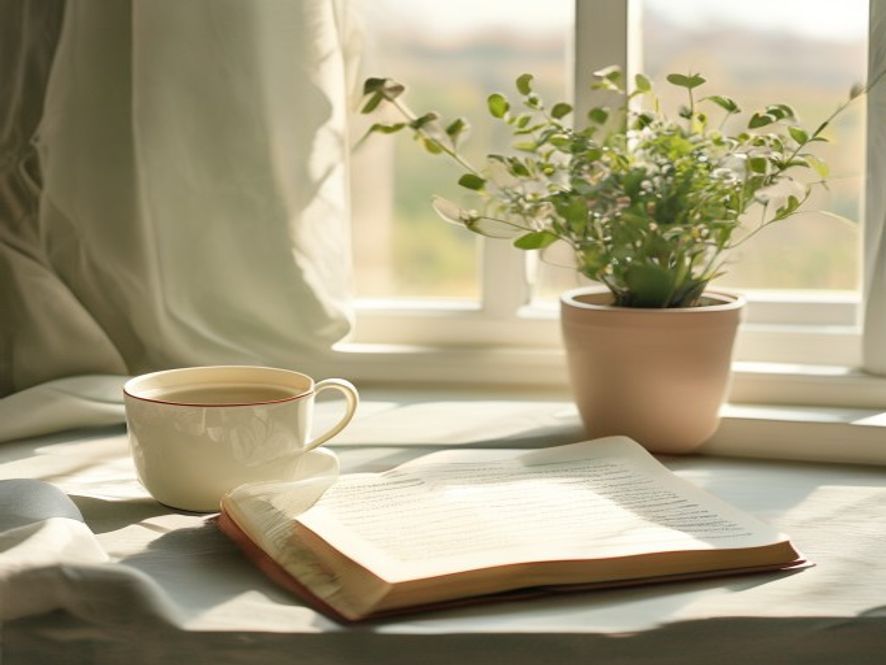 Stille morgenmiljø med ørt-te og dagbok